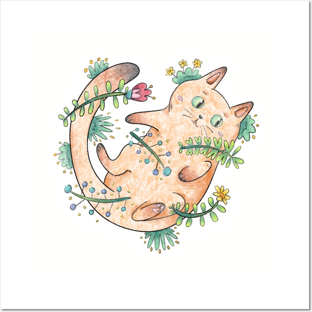 Cute Cat Rolling on its Back Surrounded by Floral Elements Wall Art by maak and illy